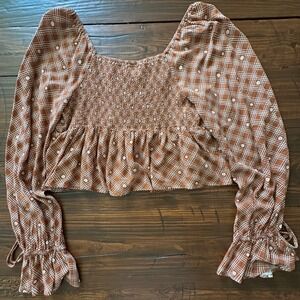Rewind Rust Brown Grid Floral Smocked Peplum Crop Top XL Long Sleeve Boho
